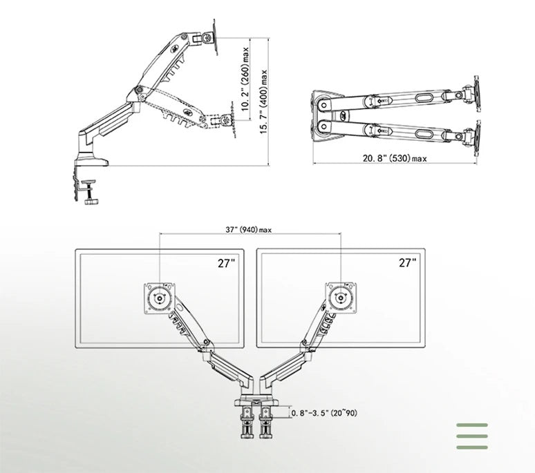Dual Monitor Desk Mount Stand Gas Spring 360 Degree Full Rotation ; Computer Monitor Arm for Two Screens 17″ – 27″ Inch with 2~9 Kg Load Capacity for Each Display ; F160 Dual Monitor Desk Mount Stand Gas Spring 360 Degree Full Rotation ; Computer Monitor Arm for Two Screens 17″ – 27″ Inch with 2~9 Kg Load Capacity for Each Display ; F160